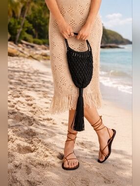 Mango Crochet Fringe Black Bag